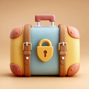 Travel insurance icon with suitcase, lock badge, and shield frame for luggage safety