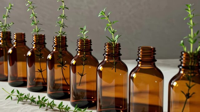 Sunlit amber bottles with fresh herbs arranged in a perfect gradient row