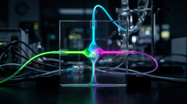 Colored liquid streams merge within a clear microfluidic chip setup under laboratory lighting conditions.