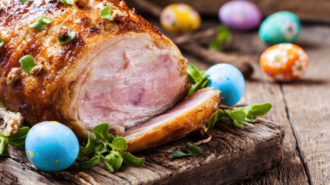 Roasted ham with fresh herbs on rustic wooden board, decorated with colorful Easter eggs in the background,