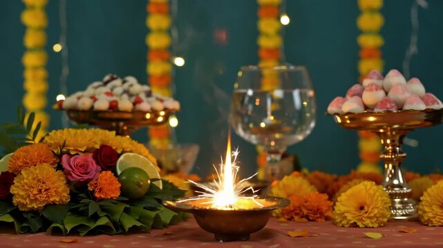 Vibrant colorful decorations and lights adorn a festive Tamil New Year's celebration, with sparklers, flower garlands, and traditional sweets amidst joyful festivities and warm ... See More