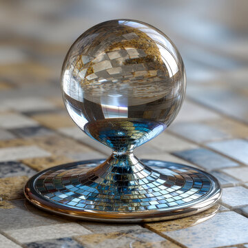 Transparent glass cone atop mirror tile creating inverted floating water drop reflection