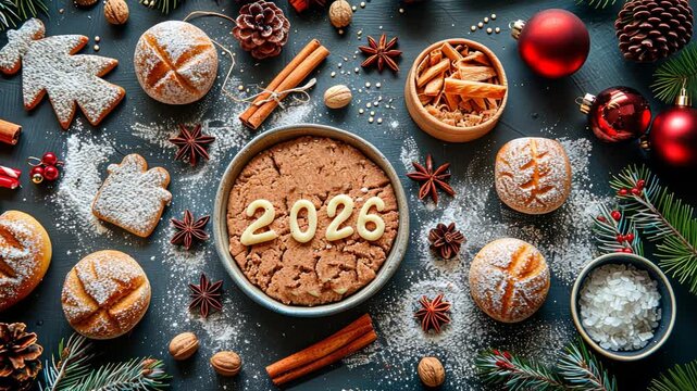 Festive holiday baking arrangement with 2023 cookies, ornaments, and pine cones in cozy christmas setting