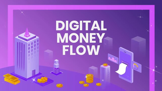 Captivating digital money flow animation showcasing secure financial transactions, economic movement, and modern banking operations across an isometric purple cityscape with a smartphone interface, dy