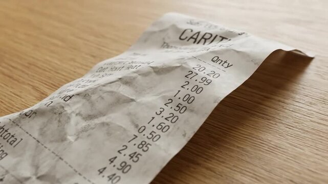 Crumpled paper receipt with itemized bill on wooden table, symbolizing expenses, finance, and budgeting.