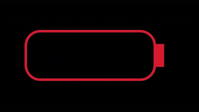 low battery warning, flashing red light outline of a camera, laptop, mobile phone, tablet or electronic device to suggest low power or low voltage indicator with one bar of energy remaining  4K 