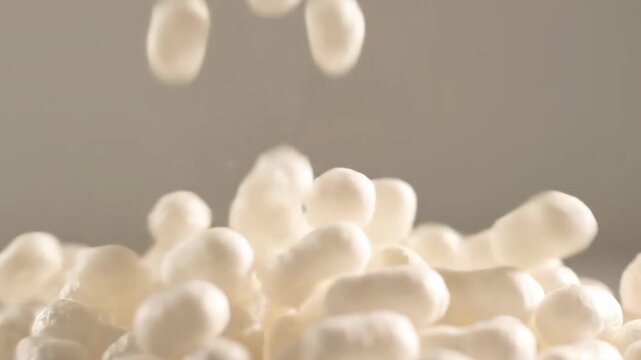 Falling white packing peanuts close-up shot creating pile. Food, peanuts, white, pile, falling, background, filler concept.