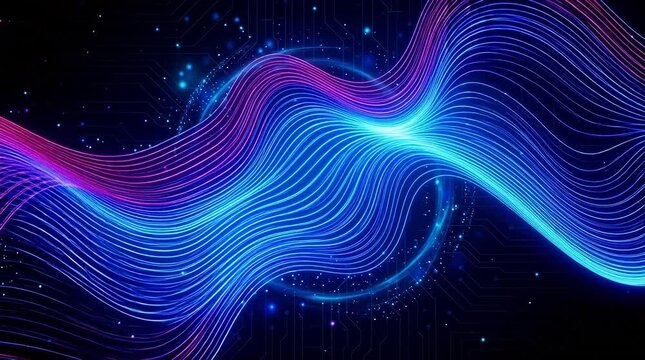 Vibrant abstract blue and purple flowing lines creating a dynamic data stream in a futuristic digital landscape