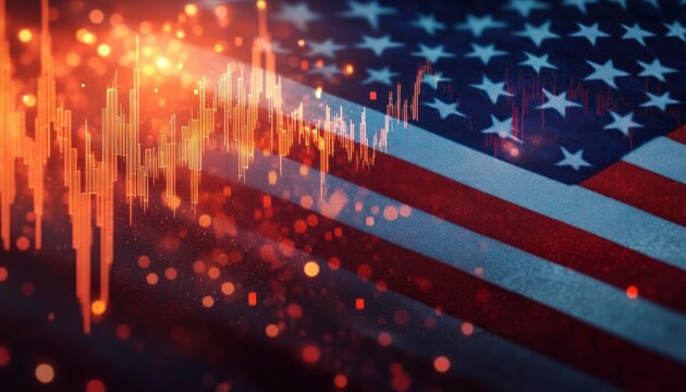 american flag backdrop with glowing orange stock market candlestick chart overlay and bokeh lights, conveying financial volatility and tense uncertainty
