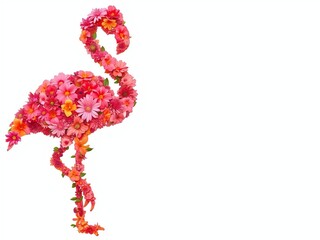 Fototapeta premium Elegant flamingo silhouette crafted from vivid pink and orange summer 2026 flowers and gerbera daisies. Ideal for tropical, resort, beauty and summer celebration banners with copy space.