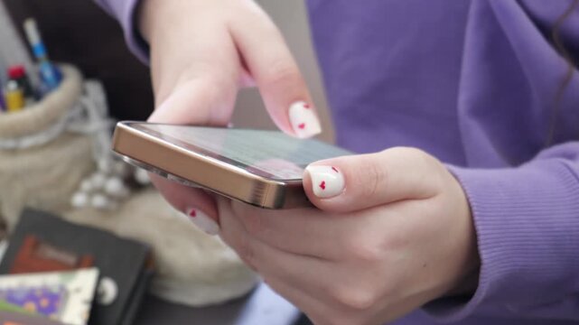 A close-up view of female hands with heart-painted nails scrolling through messages on a golden smartphone. Concept of digital communication, social media addiction, and modern connectivity.