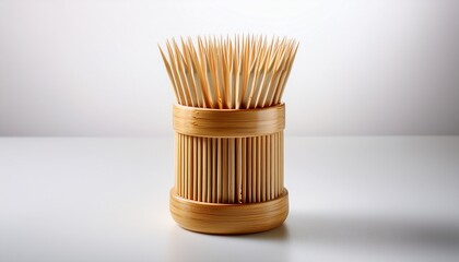 elegant bamboo toothpick holder with picks on a white background