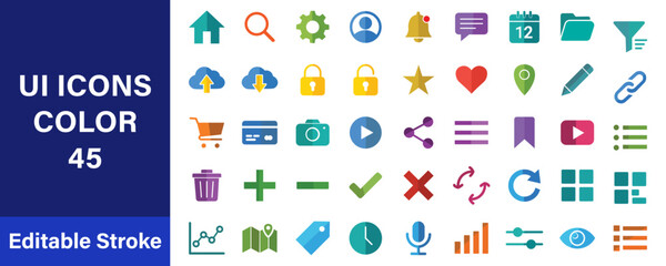 UI Interface Color Icons Set &ndash; 45 Modern Flat Color UI Icons for Web & Mobile Apps