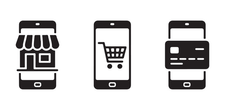 Mobile commerce concept with store shopping cart and credit card payment options on smartphone