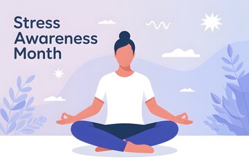 Obraz premium Woman Meditating Stress Awareness Month Calm Blue Nature Vector Illustration