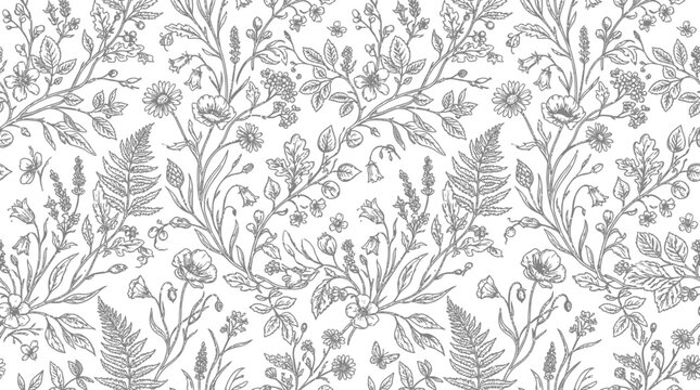 Intricate floral pattern featuring various plants and flowers on a soft gray background