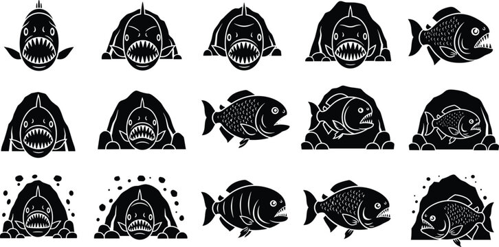 Piranha Fish in Various Underwater and Cave Poses Silhouette Icon Set, Vector Illustrations for Aquatic, Nature, and Wildlife Themes