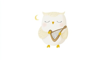 Obraz premium Cute Cartoon Owl Playing Harp Under Moonlight in Soft Colors
