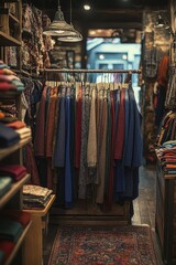 Cozy boutique interior with colorful hanging garments on a central rack, folded sweaters on wooden shelves, pendant lights and a patterned rug creating a warm inviting mood