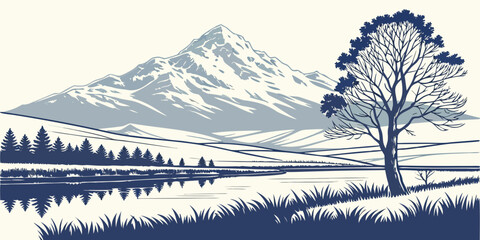 A tree stands alone in a snowy landscape with a mountain range Vector © MST NASIMA KHATUM