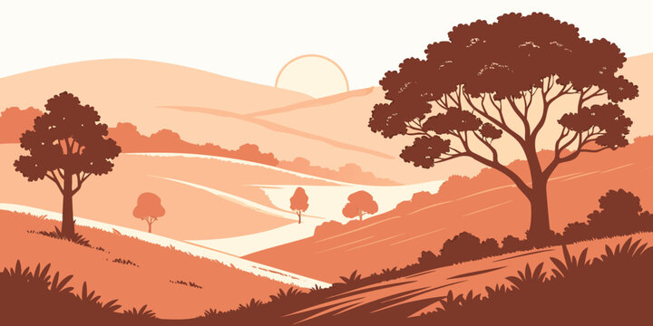 A serene landscape with trees on a hillside at sunset Vector