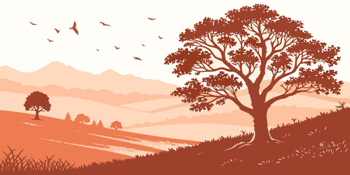 A tree on a hill with birds flying overhead Vector