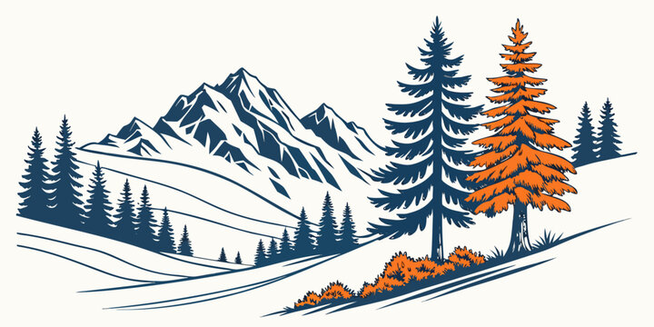 A mountain landscape with a pine tree and orange foliage Vector