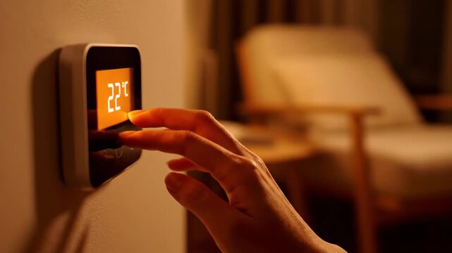 Hand adjusting the thermostat with temperature display in modern home indoors.