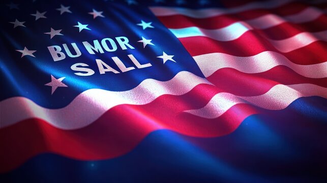 waving textured american flag with block letters "bu mor sall" on blue canton, stars and red and white stripes under dramatic moody lighting, patriotic and resolute emotion