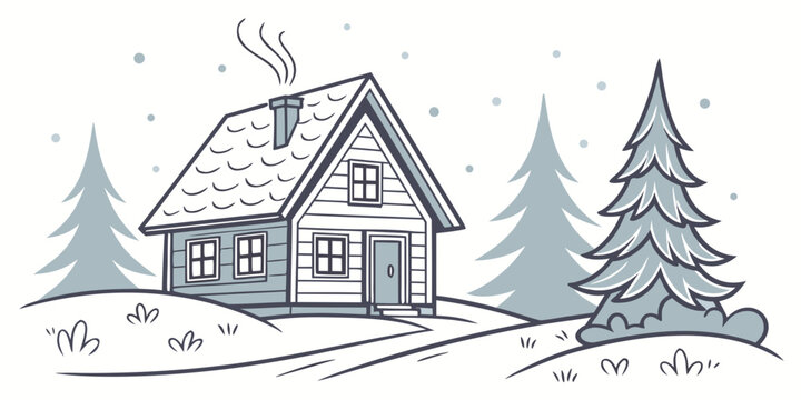 A small house with a snow covered roof and trees Vector