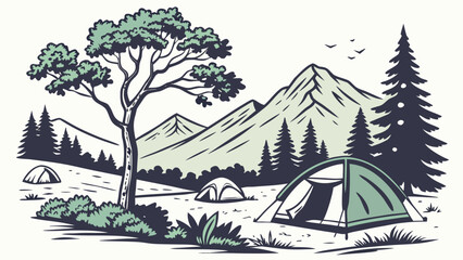 A green tent pitched in a scenic mountain valley with trees Vector © MST NASIMA KHATUM