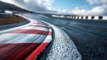 Obraz premium wet racetrack with red and white striped curb on cloudy day