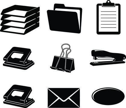 Black office supplies including paper tray folder clipboard stapler hole punch binder clip and envelope