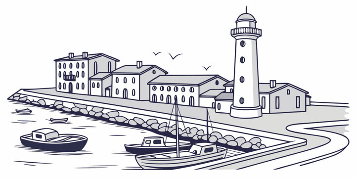 A small town with a lighthouse by the sea Vector