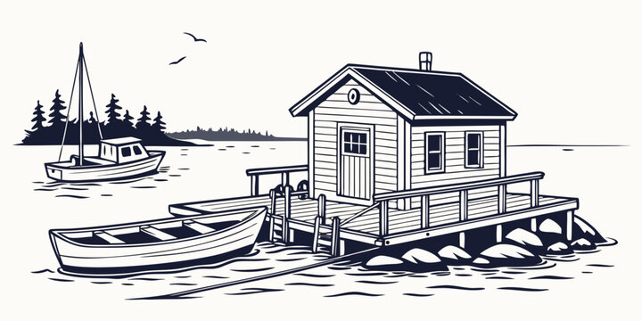A small house on a dock with a boat in the water Vector