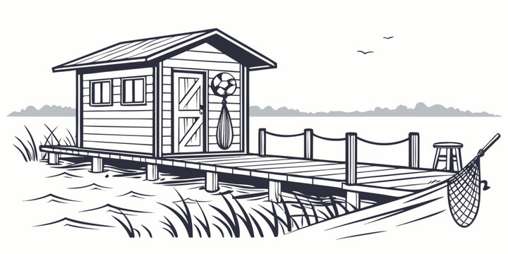 A small wooden shed with a wheelbarrow in front of it Vector