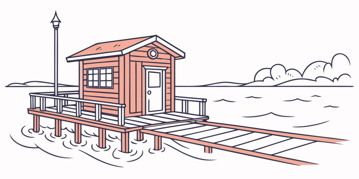 A small orange train station with a platform Vector