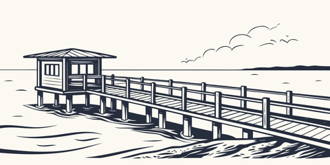 Fototapeta premium A small wooden pier with a hut on the water Vector