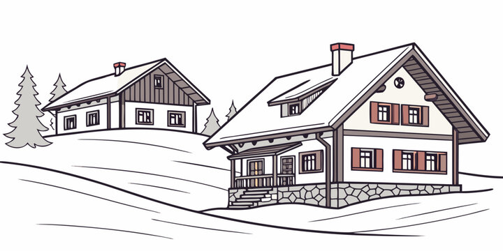 A house and a barn in a snowy landscape Vector