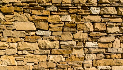 Obraz premium Close-up of a layered stone wall, showcasing various shapes and earth-tone colors, highlighting a textured surface and natural patterns