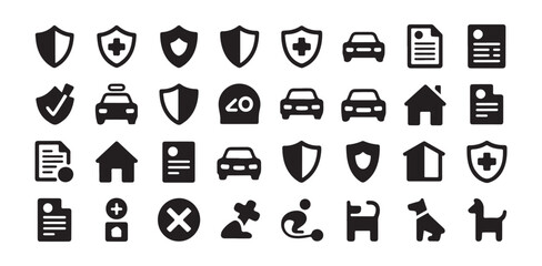 Naklejka na ściany i meble Insurance coverage and risk management icons for vehicle home health pets and life policy documents