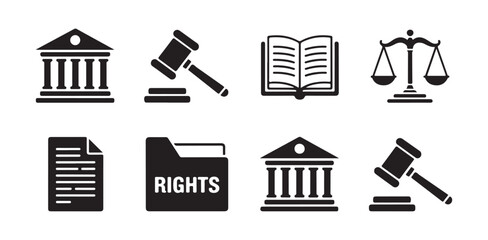 Fototapeta premium Legal rights and court house icons including justice scales judge hammer and legislative documents