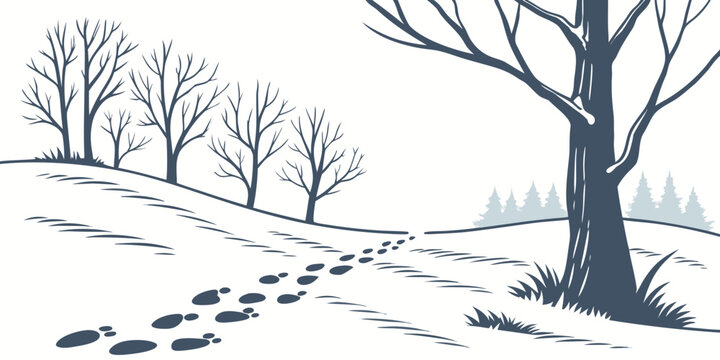 A serene winter landscape with a tree and footprints in the snow Vector