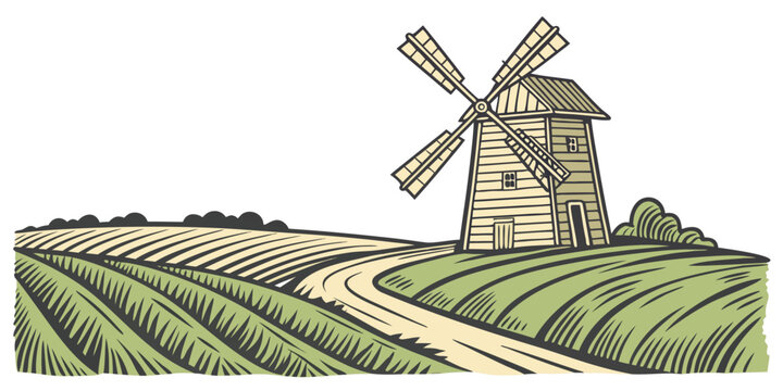 A small windmill standing in a field of green crops Vector