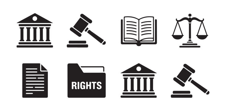 Legal rights and court house icons including justice scales judge hammer and legislative documents