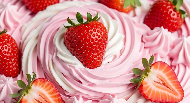 A cake with strawberries on top and pink frosting