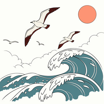Seagulls flying over a large wave near a setting sun Vector