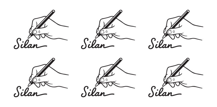 Set of human hand holding pen signing silan name signature line art illustration vector collection
