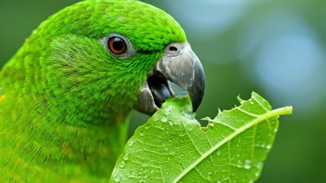 Close-up of green parrot eating a leaf with water droplets, nature scene. Bird.