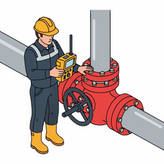 Worker inspecting a large valve on a pipeline with a handheld device. © Rega